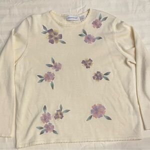 Alfred Dunner Cream Sweater with Floral Design Embroidered Beaded Size L